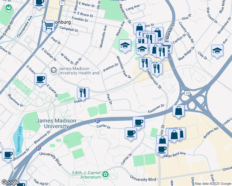 map of restaurants, bars, coffee shops, grocery stores, and more near 526 Tabb Court in Harrisonburg