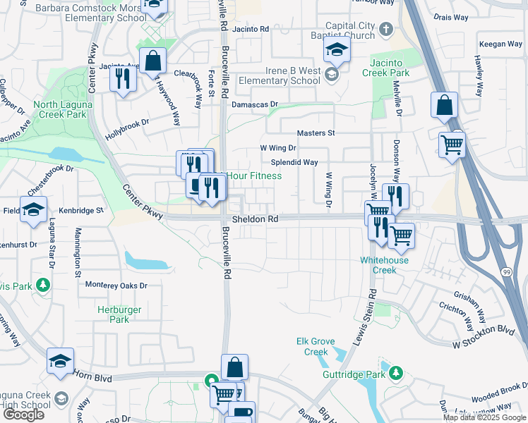 map of restaurants, bars, coffee shops, grocery stores, and more near 7515 Sheldon Road in Elk Grove