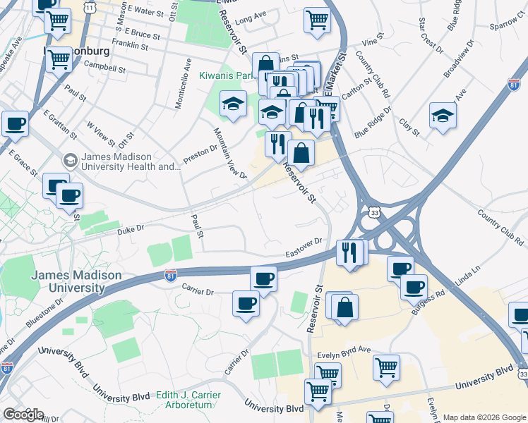 map of restaurants, bars, coffee shops, grocery stores, and more near 1121 Reservoir Street in Harrisonburg