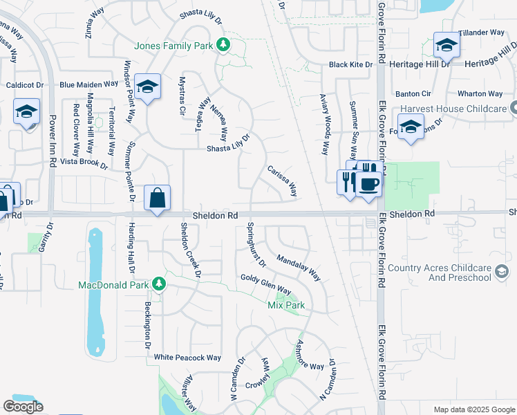 map of restaurants, bars, coffee shops, grocery stores, and more near 8758 Gladiola Way in Elk Grove