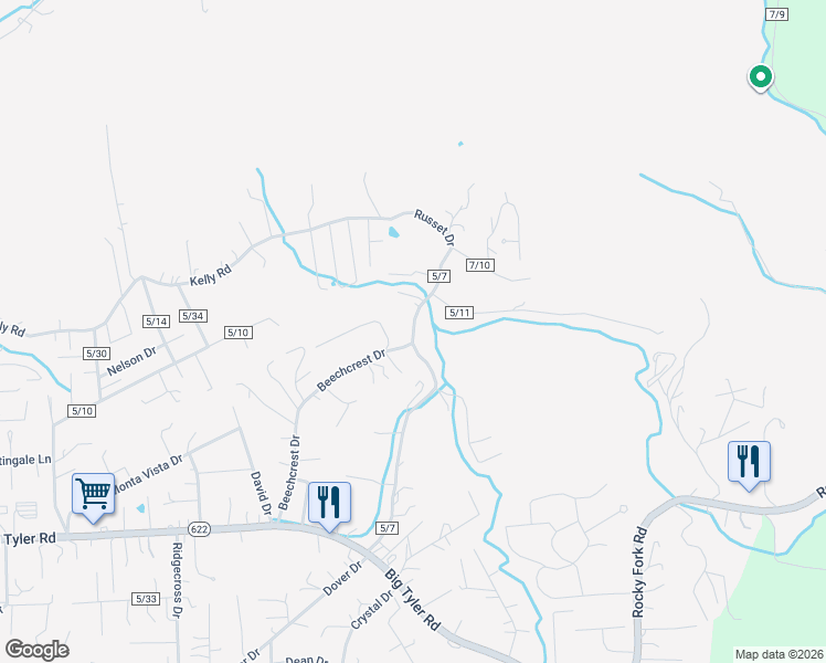 map of restaurants, bars, coffee shops, grocery stores, and more near 5212 Walnut Valley Drive in Cross Lanes
