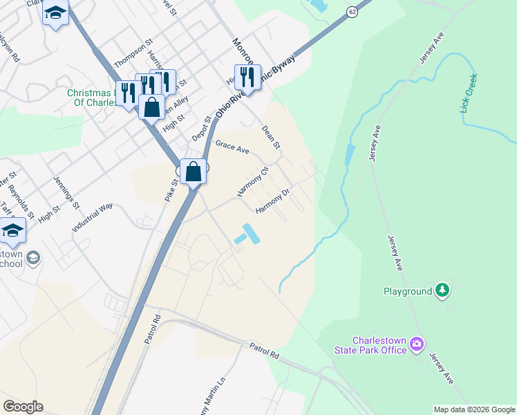map of restaurants, bars, coffee shops, grocery stores, and more near 3320 Harmony Lane in Charlestown