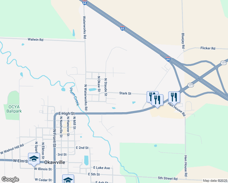map of restaurants, bars, coffee shops, grocery stores, and more near 808 Stark Street in Okawville