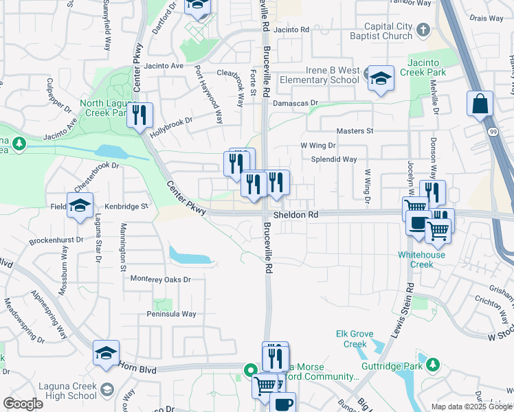 map of restaurants, bars, coffee shops, grocery stores, and more near 8775 Center Parkway in Sacramento