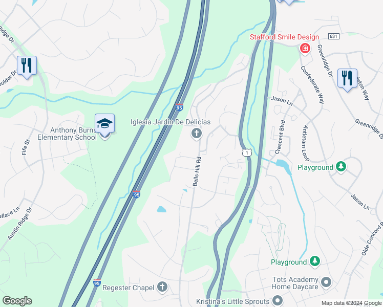map of restaurants, bars, coffee shops, grocery stores, and more near 106 Galway Lane in Stafford
