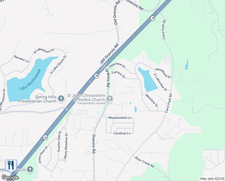 map of restaurants, bars, coffee shops, grocery stores, and more near 3707 Leona Lane in House Springs