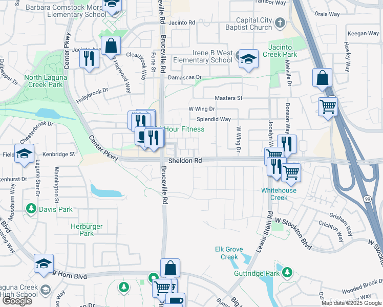 map of restaurants, bars, coffee shops, grocery stores, and more near 7515 Sheldon Road in Elk Grove