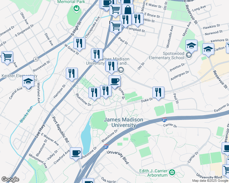 map of restaurants, bars, coffee shops, grocery stores, and more near in Harrisonburg