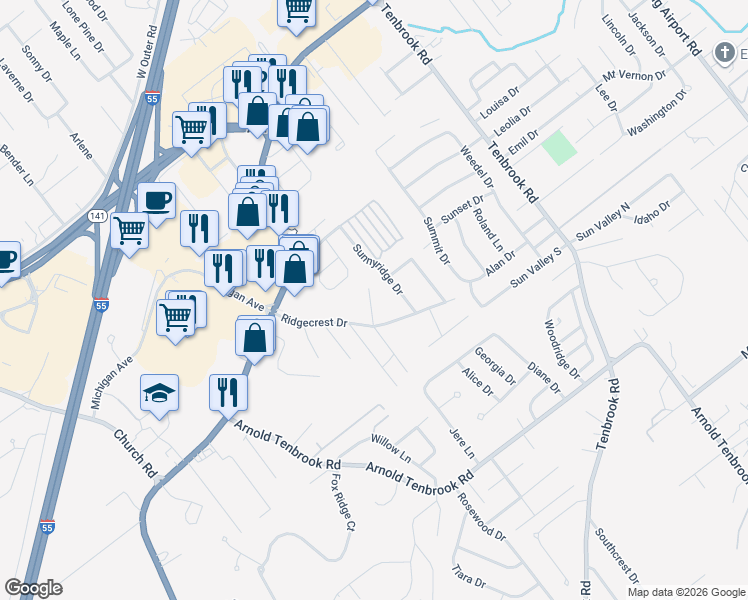 map of restaurants, bars, coffee shops, grocery stores, and more near 2276 Sunnyridge Drive in Arnold
