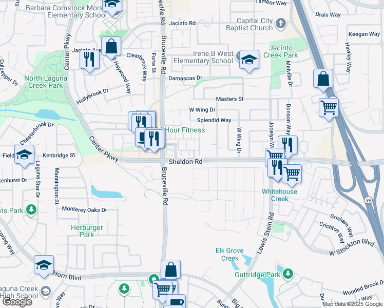 map of restaurants, bars, coffee shops, grocery stores, and more near 7515 Sheldon Road in Elk Grove