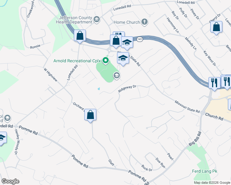 map of restaurants, bars, coffee shops, grocery stores, and more near 1917 Ridgeway Drive in Arnold