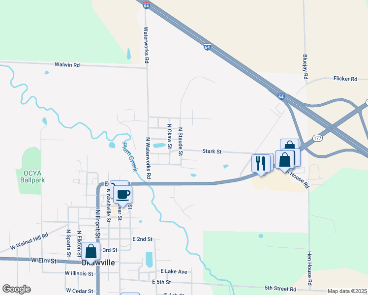 map of restaurants, bars, coffee shops, grocery stores, and more near 808 Stark Street in Okawville