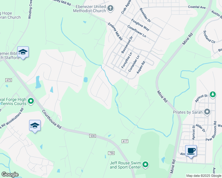 map of restaurants, bars, coffee shops, grocery stores, and more near 425 Daylily Lane in Stafford