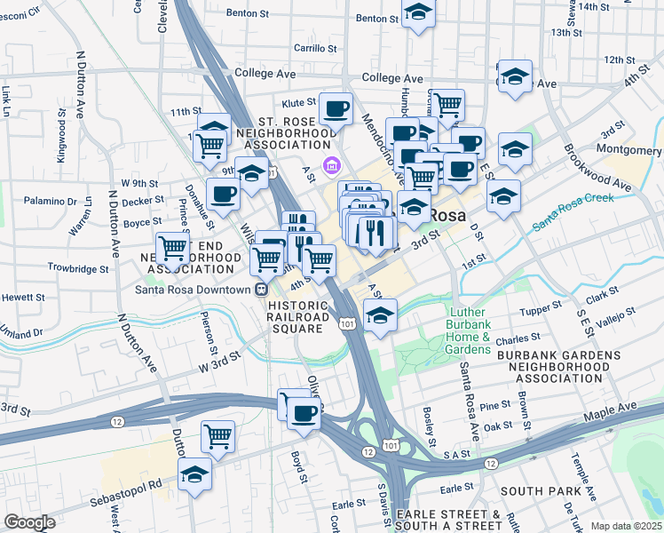 map of restaurants, bars, coffee shops, grocery stores, and more near 315 4th Street in Santa Rosa