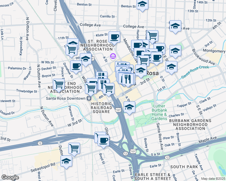 map of restaurants, bars, coffee shops, grocery stores, and more near 335 4th Street in Santa Rosa