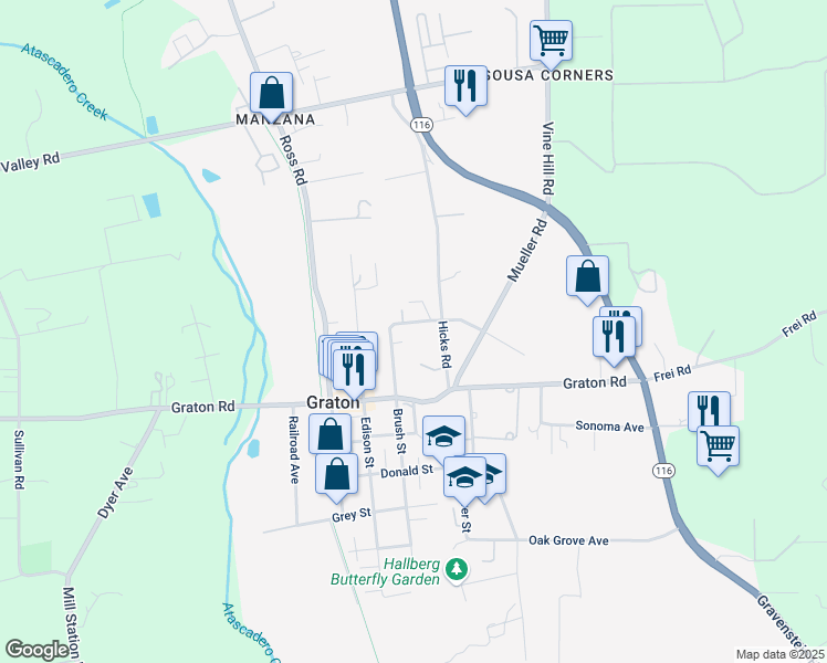 map of restaurants, bars, coffee shops, grocery stores, and more near 8893 Jeannette Avenue in Sebastopol