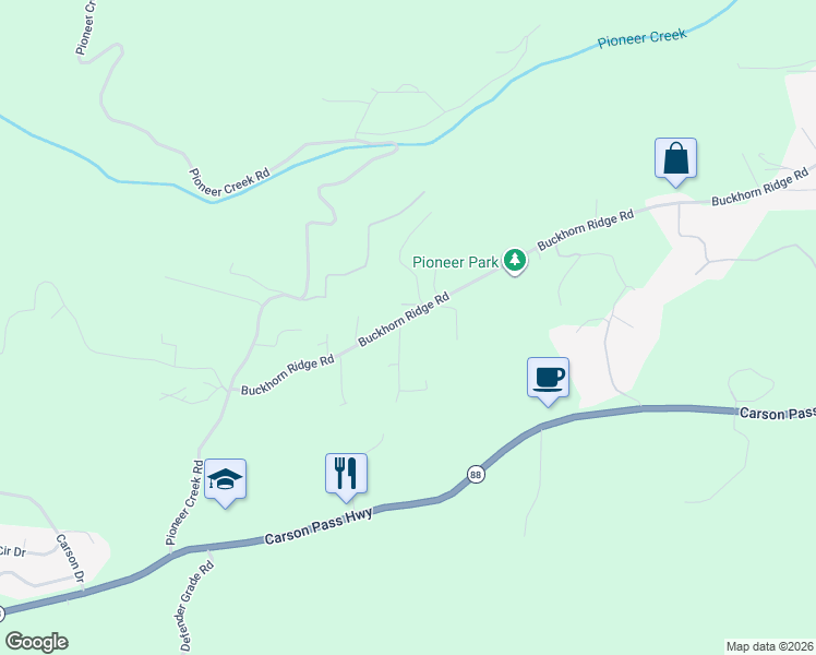 map of restaurants, bars, coffee shops, grocery stores, and more near 25021 Buckhorn Ridge Road in Pioneer