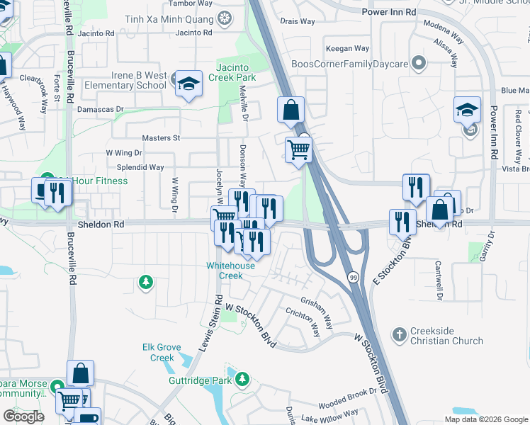 map of restaurants, bars, coffee shops, grocery stores, and more near 8163 Sheldon Road in Elk Grove