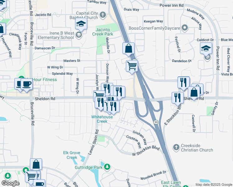 map of restaurants, bars, coffee shops, grocery stores, and more near 8163 Sheldon Road in Elk Grove