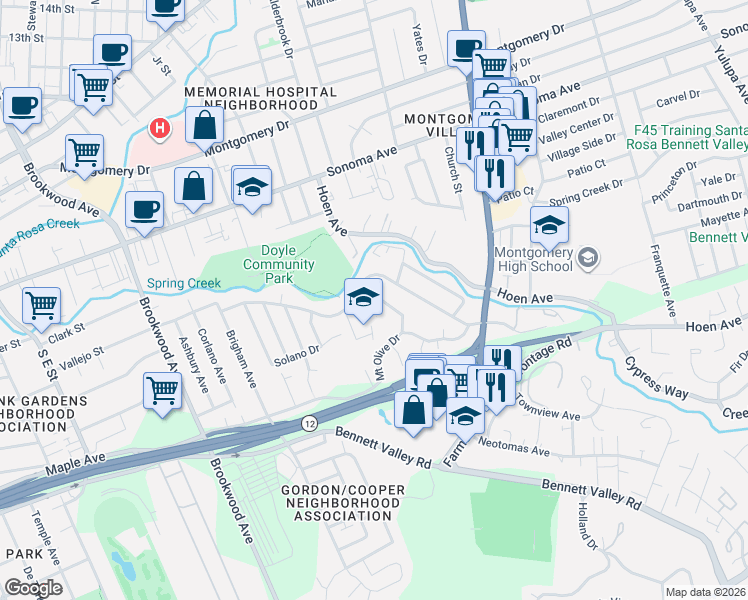 map of restaurants, bars, coffee shops, grocery stores, and more near 2241 Alvarado Avenue in Santa Rosa