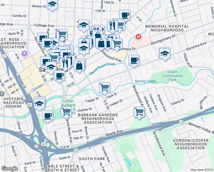 map of restaurants, bars, coffee shops, grocery stores, and more near 850 Sonoma Avenue in Santa Rosa