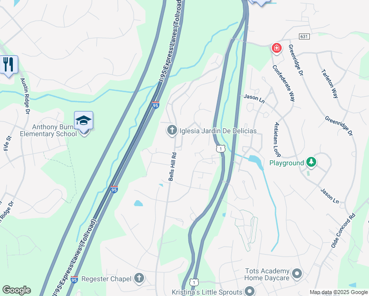 map of restaurants, bars, coffee shops, grocery stores, and more near 107 Blueberry Court in Stafford