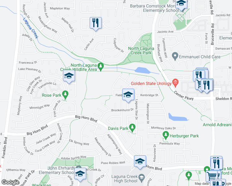 map of restaurants, bars, coffee shops, grocery stores, and more near 6351 Fieldale Drive in Elk Grove