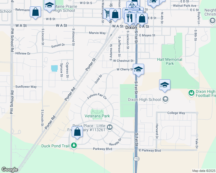 map of restaurants, bars, coffee shops, grocery stores, and more near 625 West Cherry Street in Dixon