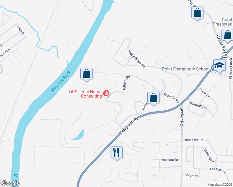 map of restaurants, bars, coffee shops, grocery stores, and more near 6821 Kimmswick Court in St. Louis