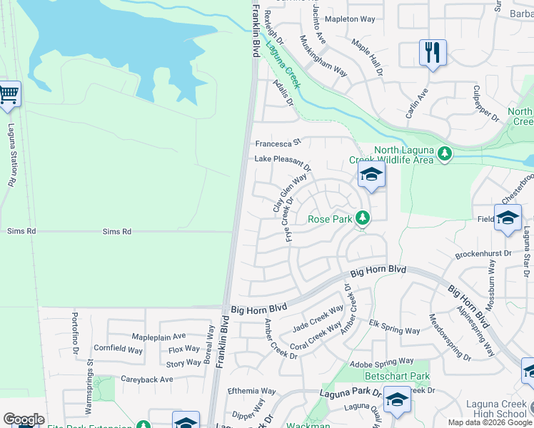 map of restaurants, bars, coffee shops, grocery stores, and more near 5205 Lodestar Way in Elk Grove