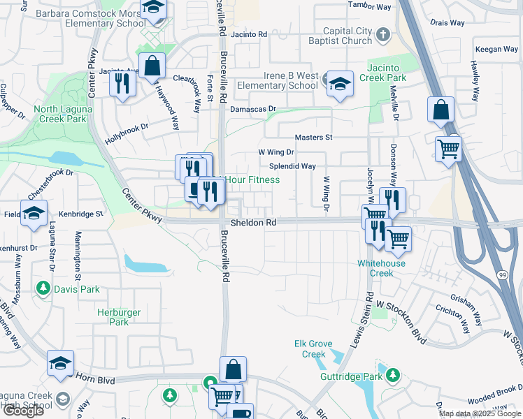 map of restaurants, bars, coffee shops, grocery stores, and more near 7515 Sheldon Road in Elk Grove