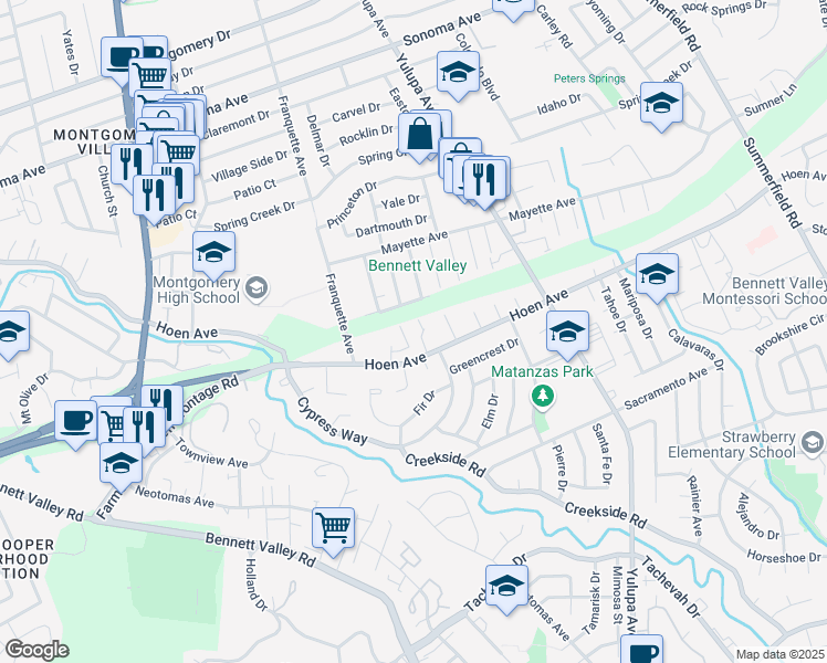 map of restaurants, bars, coffee shops, grocery stores, and more near 1282 Martha Way in Santa Rosa