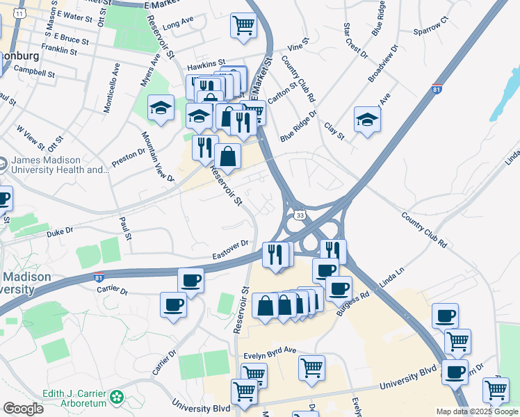map of restaurants, bars, coffee shops, grocery stores, and more near 10c Holly Court in Harrisonburg