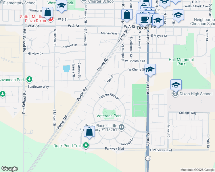 map of restaurants, bars, coffee shops, grocery stores, and more near 1690 Gold Street in Dixon