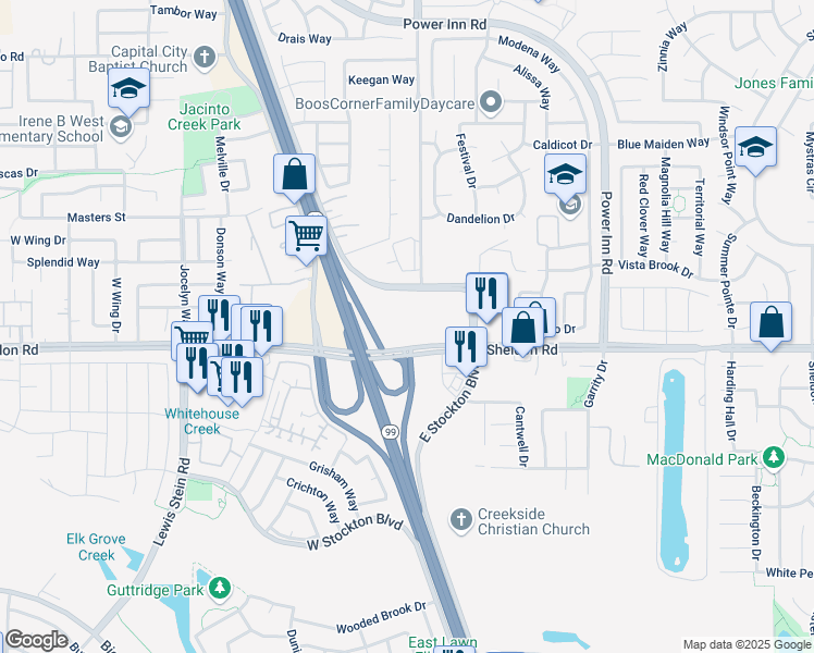 map of restaurants, bars, coffee shops, grocery stores, and more near 8289 Sheldon Road in Elk Grove