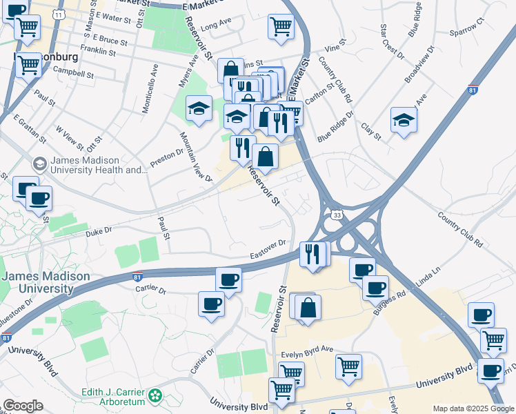 map of restaurants, bars, coffee shops, grocery stores, and more near 1225 Reservoir Street in Harrisonburg