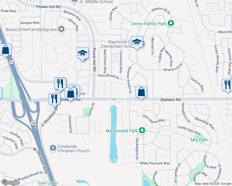 map of restaurants, bars, coffee shops, grocery stores, and more near 8556 Sierra Brook Court in Elk Grove