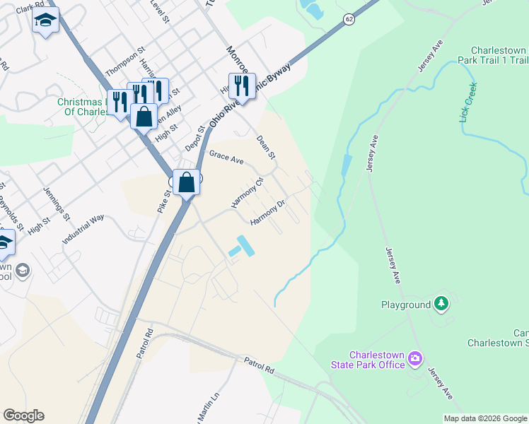 map of restaurants, bars, coffee shops, grocery stores, and more near 3320 Harmony Lane in Charlestown