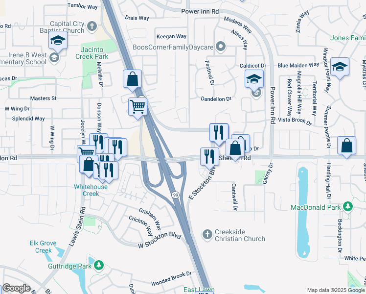 map of restaurants, bars, coffee shops, grocery stores, and more near 8289 Sheldon Road in Elk Grove