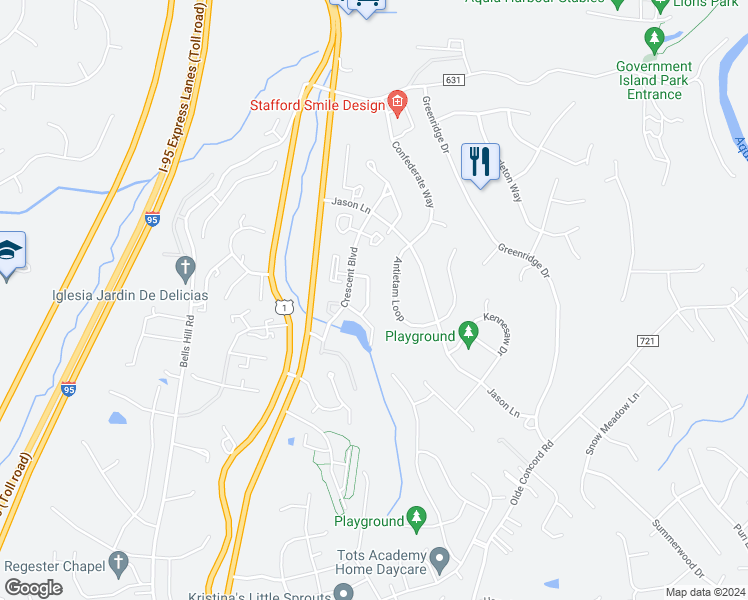 map of restaurants, bars, coffee shops, grocery stores, and more near 206 Gettysburg Court in Stafford