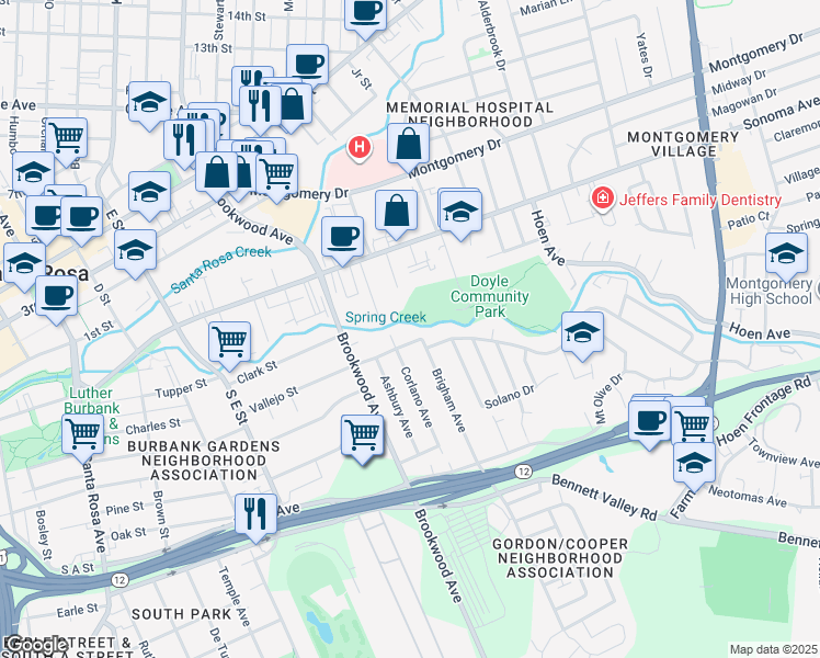 map of restaurants, bars, coffee shops, grocery stores, and more near 162 Walnut Court in Santa Rosa