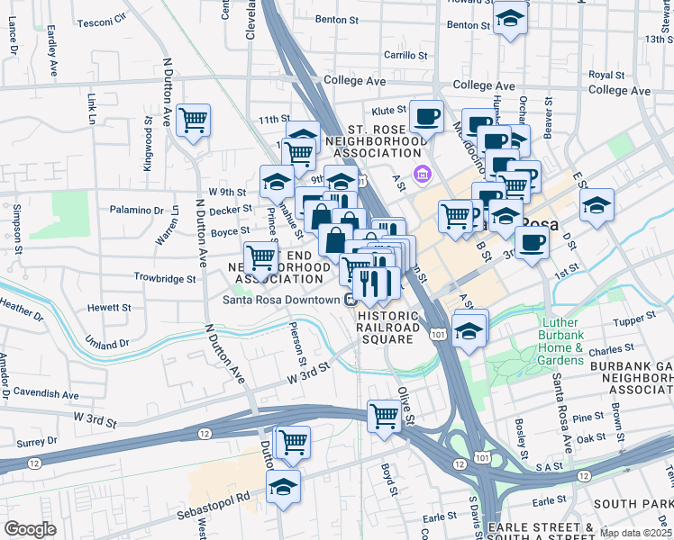 map of restaurants, bars, coffee shops, grocery stores, and more near 5 West 6th Street in Santa Rosa