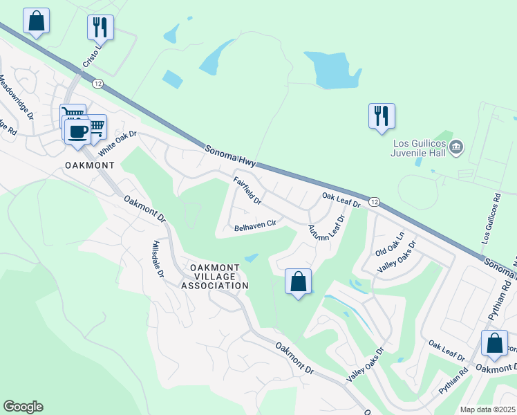 map of restaurants, bars, coffee shops, grocery stores, and more near 6932 Fairfield Drive in Santa Rosa