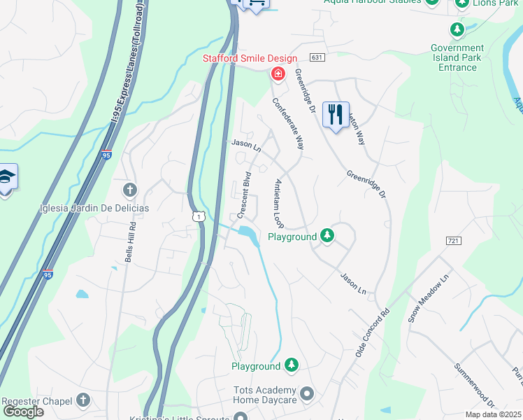 map of restaurants, bars, coffee shops, grocery stores, and more near 208 Gettysburg Court in Stafford