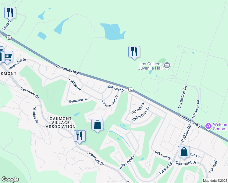 map of restaurants, bars, coffee shops, grocery stores, and more near 7140 Oak Leaf Drive in Santa Rosa
