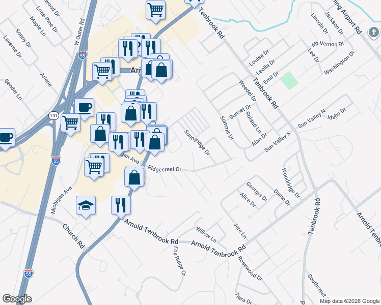 map of restaurants, bars, coffee shops, grocery stores, and more near 1250 Windcrest Circle in Arnold