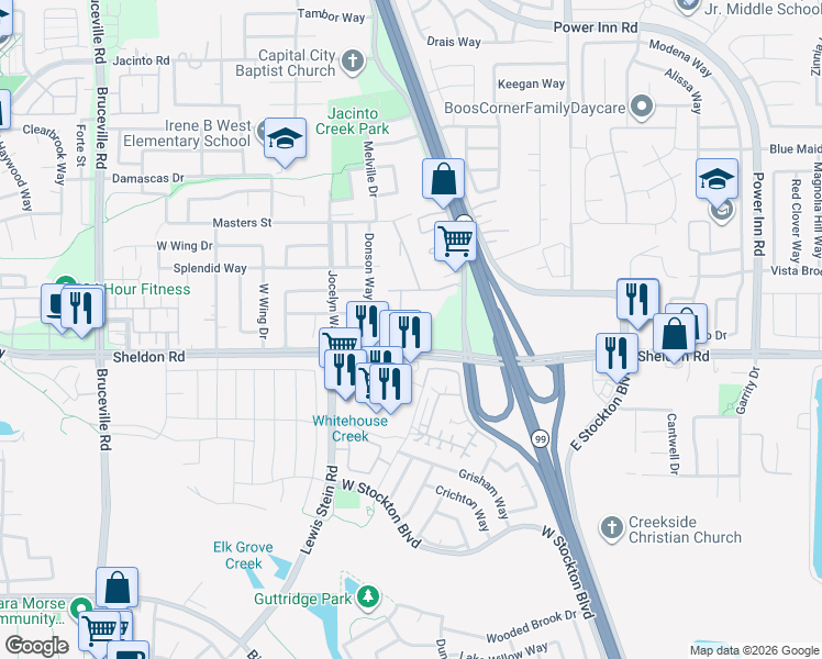 map of restaurants, bars, coffee shops, grocery stores, and more near 8163 Sheldon Road in Elk Grove