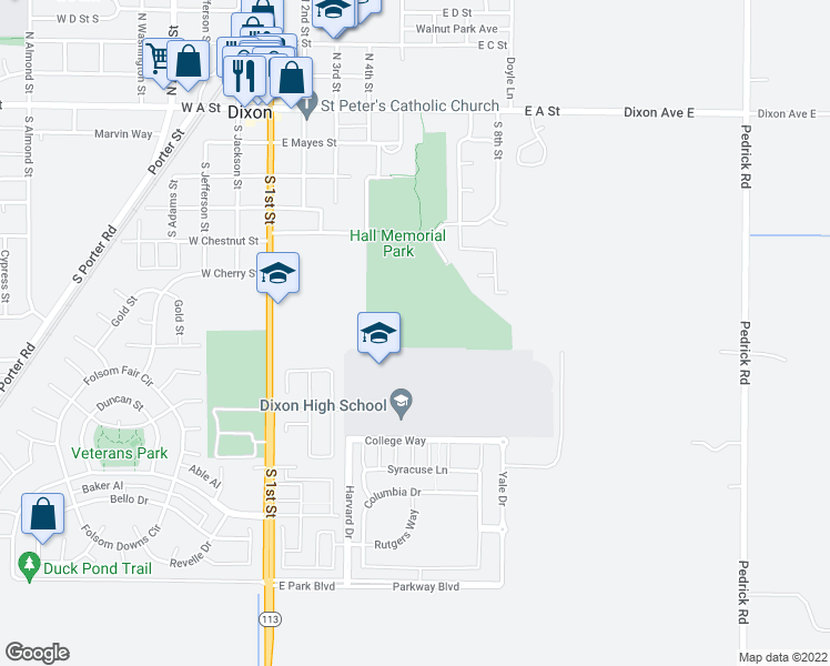 map of restaurants, bars, coffee shops, grocery stores, and more near 715 Arnold Court in Dixon