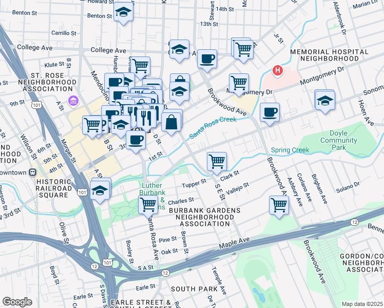 map of restaurants, bars, coffee shops, grocery stores, and more near Sonoma Avenue & E Street in Santa Rosa