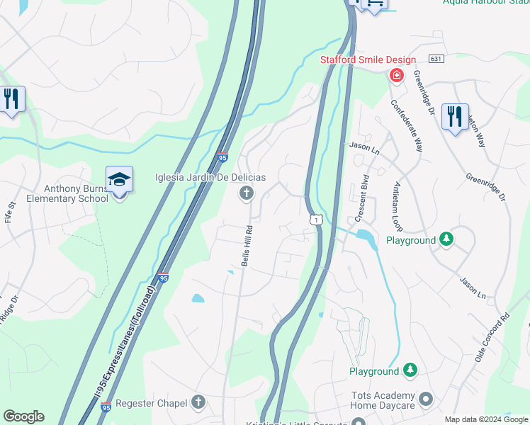 map of restaurants, bars, coffee shops, grocery stores, and more near 411 Fair Oaks Avenue in Stafford